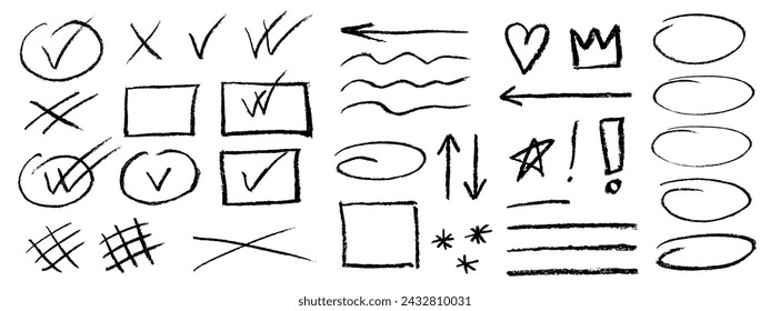 Charcoal strokes set. Rough charcoal strokes. Set of black hand drawn brush lines different forms and check marks. Collection of vector grunge brushes. Vector horizontal chalk lines drawn by hand.