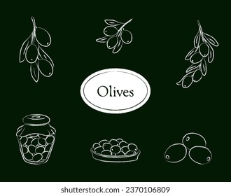 Charcoal style olive set isolated on a green background, vector illustration of fruit, olive branch,  olives in jar, and olives in plate