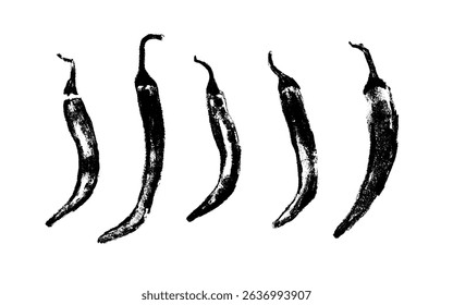 Charcoal style vector doodle of five unique chili peppers. Hand drawn symbols perfect for food labels, cosmetic packaging, kitchen decor, and extended license design projects.