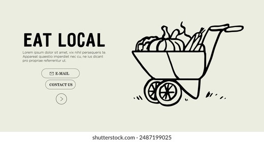 Charcoal style wheelbarrow with farmer production. Vegetables and fruits harvest sell at local market. Healthy eco food trade. Sustainable lifestyle. Support local farmers banner, poster or placard.