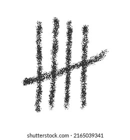 Charcoal Tally Mark. Four Hand Drawn Sticks Crossed Out By Slash Line. Day Counting Symbol On Prison Wall. Unary Numeral System Sign Symbolized Number 5. Vector Realistic Illustration