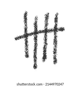 Charcoal Tally Mark. Hand Drawn Sticks Sorted By Four And Crossed Out By Slash Line. Day Counting Symbol On Jail Wall. Unary Numeral System Number 5 Sign. Vector Illustration