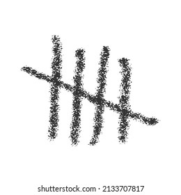 Charcoal tally mark icon. Four sticks sorted crossed out by slash line. Day counting symbol on jail wall. Unary numeral system sign isolated on white background. Vector hand drawn illustration