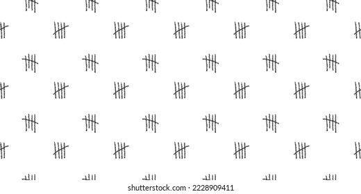 Charcoal tally marks background. Seamless pattern with number 5 symbols. Day counting signs on prison wall. Scrapbooking or wrapping paper, fabric, cloth design. Vector illustration