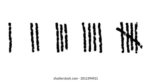 Charcoal Tally Marks Isolated On White Background. Day Counting Symbols On Jail Wall. Unary Numeral System Signs. Vector Hand Drawn Illustration 