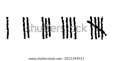 Charcoal tally marks isolated on white background. Day counting symbols on jail wall. Unary numeral system signs. Vector hand drawn illustration 
