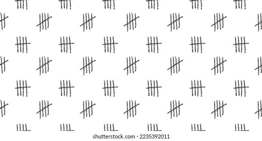 Charcoal tally marks seamless pattern. Day counting signs on prison wall background. Scrapbooking or wrapping paper, fabric cloth design. Vector hand drawn illustration