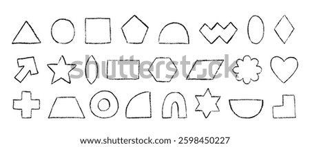 Charcoal texture figure set. Outline geometric shapes hand drawn with crayon. Silhouettes of black pencil textured primitive elements. Vector illustration isolated on a white background.