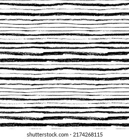 Charcoal thick and thin horizontal lines seamless pattern. Hand drawn vector parallel straight stripes. Black and white geometric abstract background. Various stripes with rough, uneven edges.