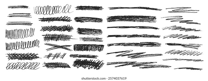 Charcoal underline set. Pencil scribble lines pack. Chalk doodle rough strokes. Grunge uneven elements. Crayon emphasis shapes. Vector hand drawn collection illustration isolated on white background.