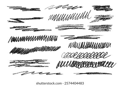 Charcoal underline set. Pencil scribble lines pack. Chalk doodle rough strokes. Grunge uneven elements. Crayon emphasis shapes. Vector hand drawn collection illustration isolated on white background.