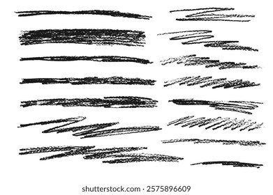 Charcoal underline set. Pencil scribble lines pack. Chalk doodle rough strokes. Grunge uneven elements. Crayon emphasis shapes. Vector hand drawn collection illustration isolated on white background.