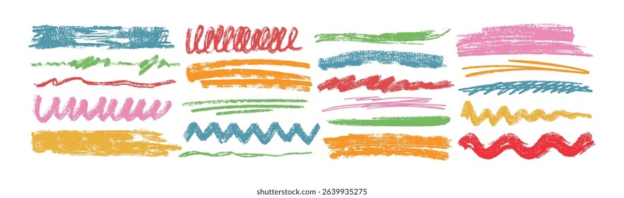 Charcoal underlines, color scribbles and wavy brush strokes. Kids hand drawn doodle squiggles, curly lines. Pencil chalk think and rough stripes, freehand crayon strikethroughs on white background