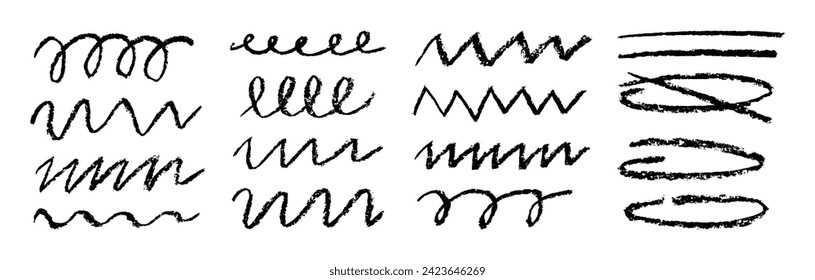 Charcoal wavy strokes.Set of black hand drawn brush lines different forms on white background.Rough charcoal strokes and lines.Hand drawn brush elements for notes,highlighting and underlining in text.