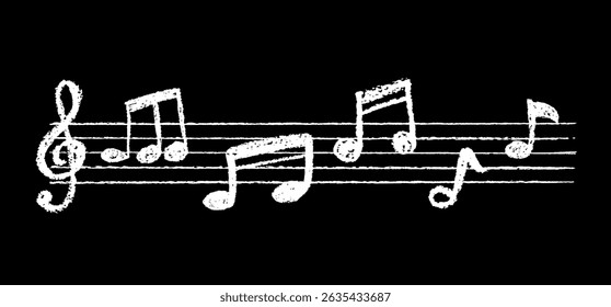 Notação de música branco carvão rabiscar no quadro negro. Design pop manuscrito com notas e linhas limpas. Lindos sinais de lápis de cera ou pastel branco de jardim de infância ou escola de música infantil