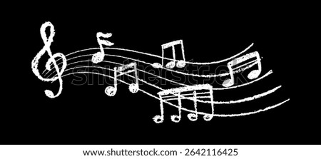 Charcoal white scribble music notation on black blackboard. Handwritten pop design with notes and clean lines. Cute childish music school or kindergarten white pastel or wax pencil signs [[stock_photo]] © 
