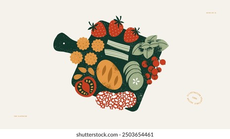 Charcuterie board. Assortment of wine appetizers. Vector illustration.