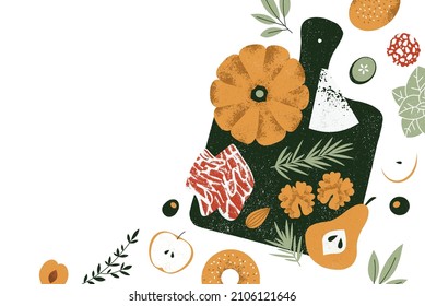 Charcuterie board design template. Appetizers board with various food. Antipasti. Catering composition. Vector illustration.