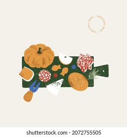 Charcuterie board illustration. Horizontal appetizers board with various food. Catering composition. Vector illustration.