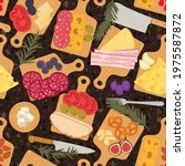 Charcuterie board seamless pattern - food platter repeat print design on dark background