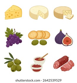 Charcuterie Elements Icon Set on White BG.