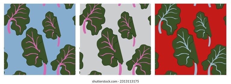 Ilustración vectorial de hojas verdes chard. Patrón de oro sobre fondo azul, gris y rojo. Adecuado para imprimir plantillas, carteles, salvapantallas, postales o textiles, menú