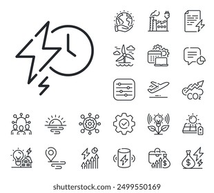 Charge accumulator sign. Energy, Co2 exhaust and solar panel outline icons. Charging time line icon. Electric power symbol. Charging time line sign. Eco electric or wind power icon. Vector