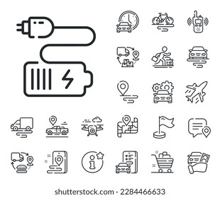 Charge accumulator sign. Plane, supply chain and place location outline icons. Battery plug line icon. Electric power symbol. Battery line sign. Taxi transport, rent a bike icon. Travel map. Vector