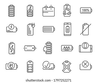 Batería de carga Negro Juego de iconos de línea delgada incluye nivel completo y bajo. Iconos vectoriales