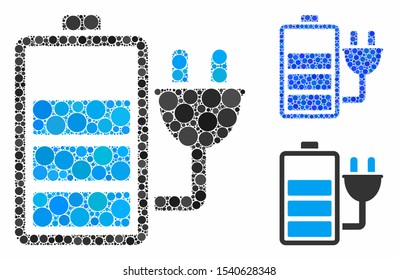 Charge battery composition of small circles in variable sizes and color tinges, based on charge battery icon. Vector small circles are organized into blue illustration.