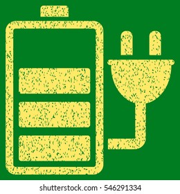 Charge Battery grainy textured icon for overlay watermark stamps. Flat symbol with dust texture. Dotted vector yellow ink rubber seal stamp with grunge design on a green background.