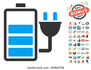 Charge Battery icon with bonus 2017 new year icon set. Vector illustration style is flat iconic symbols, blue and gray colors, white background.