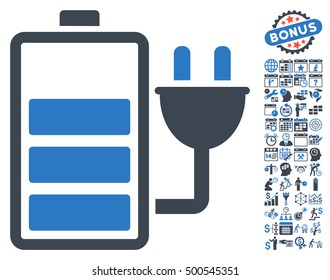 Charge Battery icon with bonus calendar and time service graphic icons. Vector illustration style is flat iconic symbols, smooth blue colors, white background.