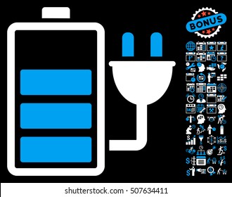 Charge Battery icon with bonus calendar and time service pictures. Vector illustration style is flat iconic symbols, blue and white colors, black background.
