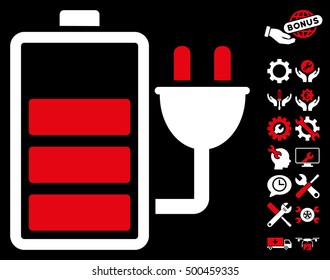 Charge Battery icon with bonus configuration symbols. Vector illustration style is flat iconic symbols, red and white colors, black background.