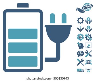 Charge Battery icon with bonus setup tools clip art. Vector illustration style is flat iconic symbols, cyan and blue colors, white background.
