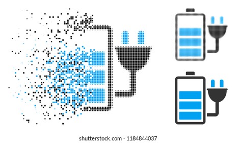 Charge battery icon in dissolved, pixelated halftone and original versions. Cells are composed into vector disappearing charge battery icon. Disintegration effect involves square scintillas.
