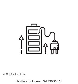 charge battery icon, energy charger accumulator, indicator power level, thin line symbol isolated on white background, editable stroke eps 10 vector illustration