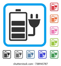 Charge Battery icon. Flat gray pictogram symbol in a light blue rounded rectangular frame. Black, gray, green, blue, red, orange color additional versions of Charge Battery vector.