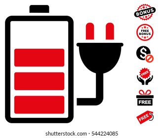 Charge Battery icon with free bonus pictograph collection. Vector illustration style is flat iconic symbols, intensive red and black colors, white background.