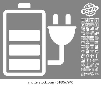 Charge Battery pictograph with bonus calendar and time management graphic icons. Vector illustration style is flat iconic symbols, white color, gray background.