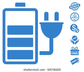Charge Battery pictograph with free bonus clip art. Vector illustration style is flat iconic symbols, cobalt color, white background.