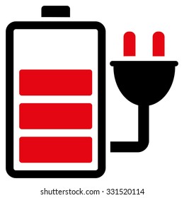 Charge Battery vector icon. Style is bicolor flat symbol, intensive red and black colors, rounded angles, white background.
