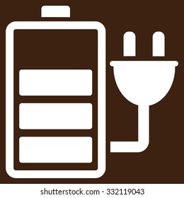 Charge Battery vector icon. Style is flat symbol, white color, rounded angles, brown background.