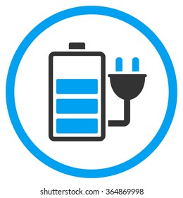 Charge Battery vector icon. Style is bicolor flat circled symbol, blue and gray colors, rounded angles, white background.