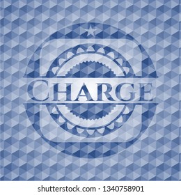 Charge blue badge with geometric pattern background.