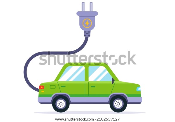 charge the car with ecological electricity.\
hybrid green car. flat vector\
illustration.