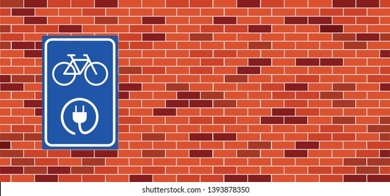 Charge charging point area, cable battery e bike station. For electric ebike  scooter logo. Fun vector bicycle icon or sign. Parking for plug or unplug bikes zone symbol. For e-bike