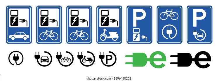 Charge Charging Point Area, Cable Battery E Bike, Car Station. For Electric Ebike Scooter Logo. Fun Vector Bicycle Icon Or Sign. Parking For Plug Or Unplug Bikes Zone Symbol