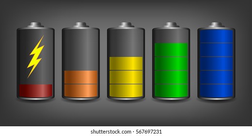 Charge and discharge of battery status icons. Mobile phone electricity state.
